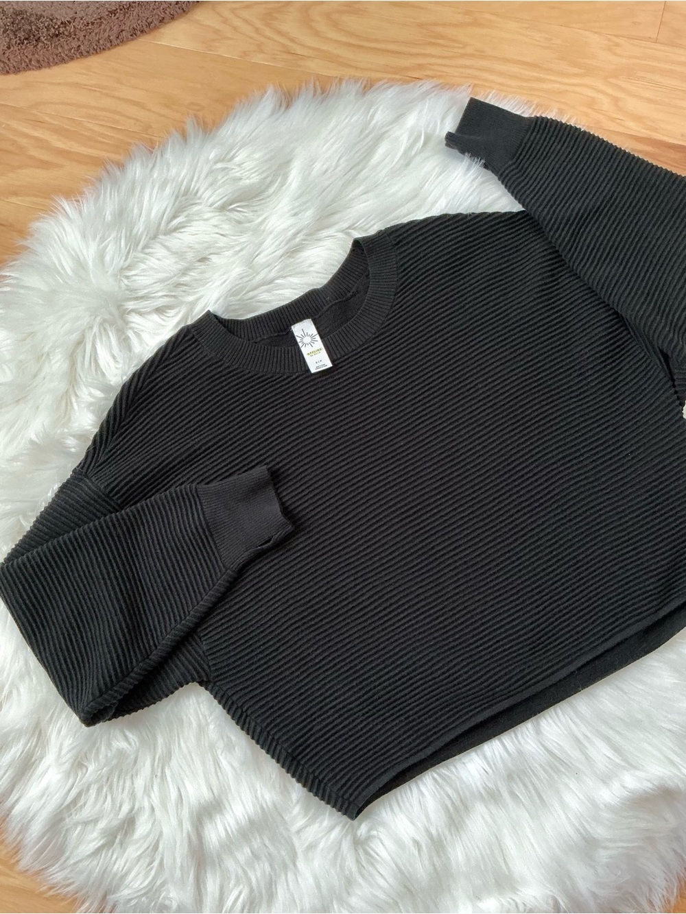 aerie Offline Black Ribbed Long Sleeve Crew Neck Cropped Sweatshirt Size Small